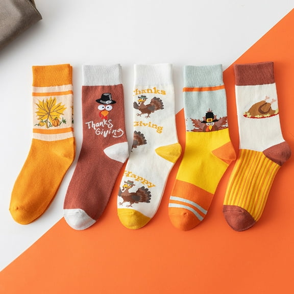 5 Pairs Fall Socks Autumn Socks Thanksgiving Holiday Funny Novelty Socks Crew Pumpkin Maple Turkey Socks for Women Men