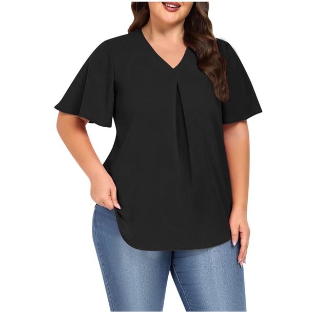 Karight Womens Plus Size Tops Short Sleeve V Neck Tunic Casual Loose Fit Summer Shirt Pleated Curve Hem Side Split Blouses