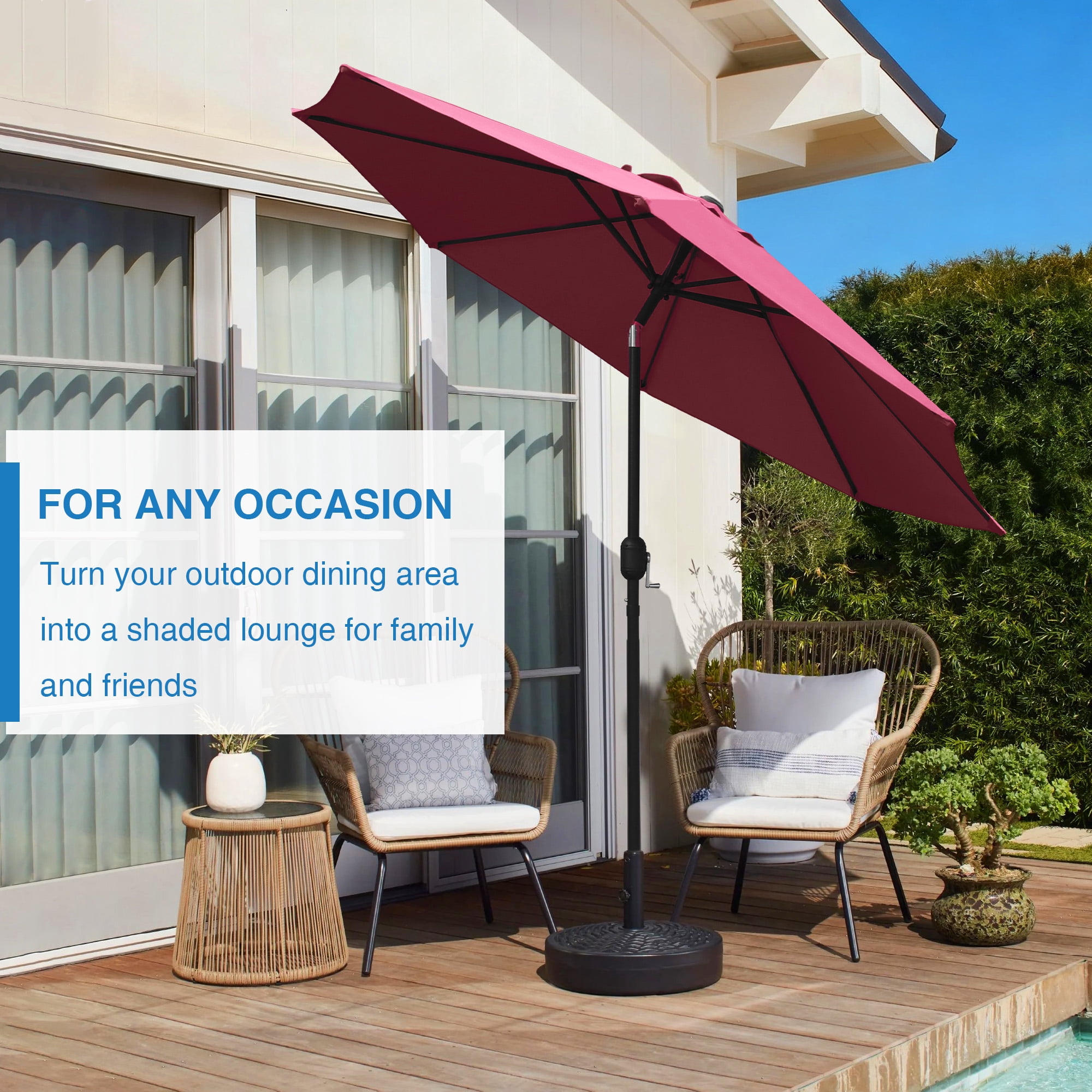 Abble Outdoor 9ft Patio Umbrella with Crank Handle and Push Button Tilt, Outdoor Market Umbrella with 8 Ribs for Garden, Deck, Backyard, Pool, Burgundy