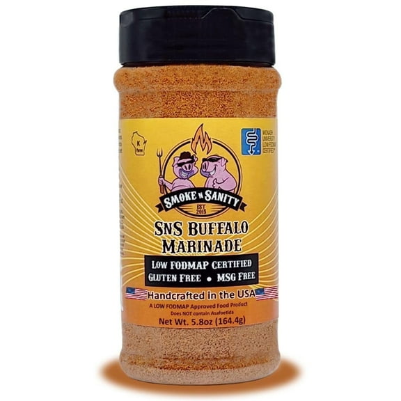 Smoke n Sanity - SnS Buffalo Marinade, Monash Certified Low FODMAP, Gluten Free, Certified Kosher, Dairy Free, Low FODMAP Food, Vegetarian (5.8 oz Shaker)