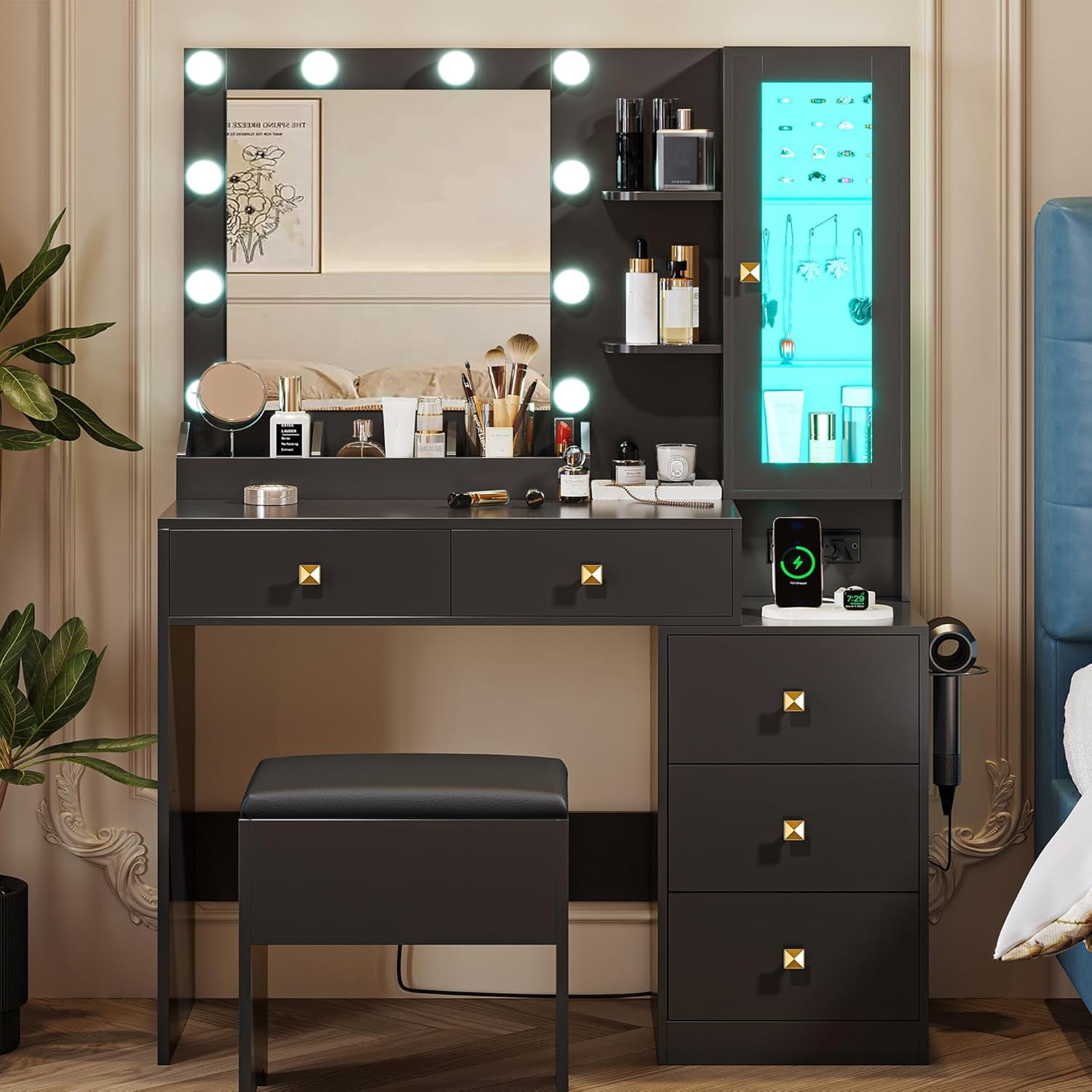 FANRAL Vanity Desk with RGB Ambient Light,LED Mirror & Charging Station,Small Dressing Table with Glass Cabinet & Ample Storage for Bedroom Grooming,Black Vanity