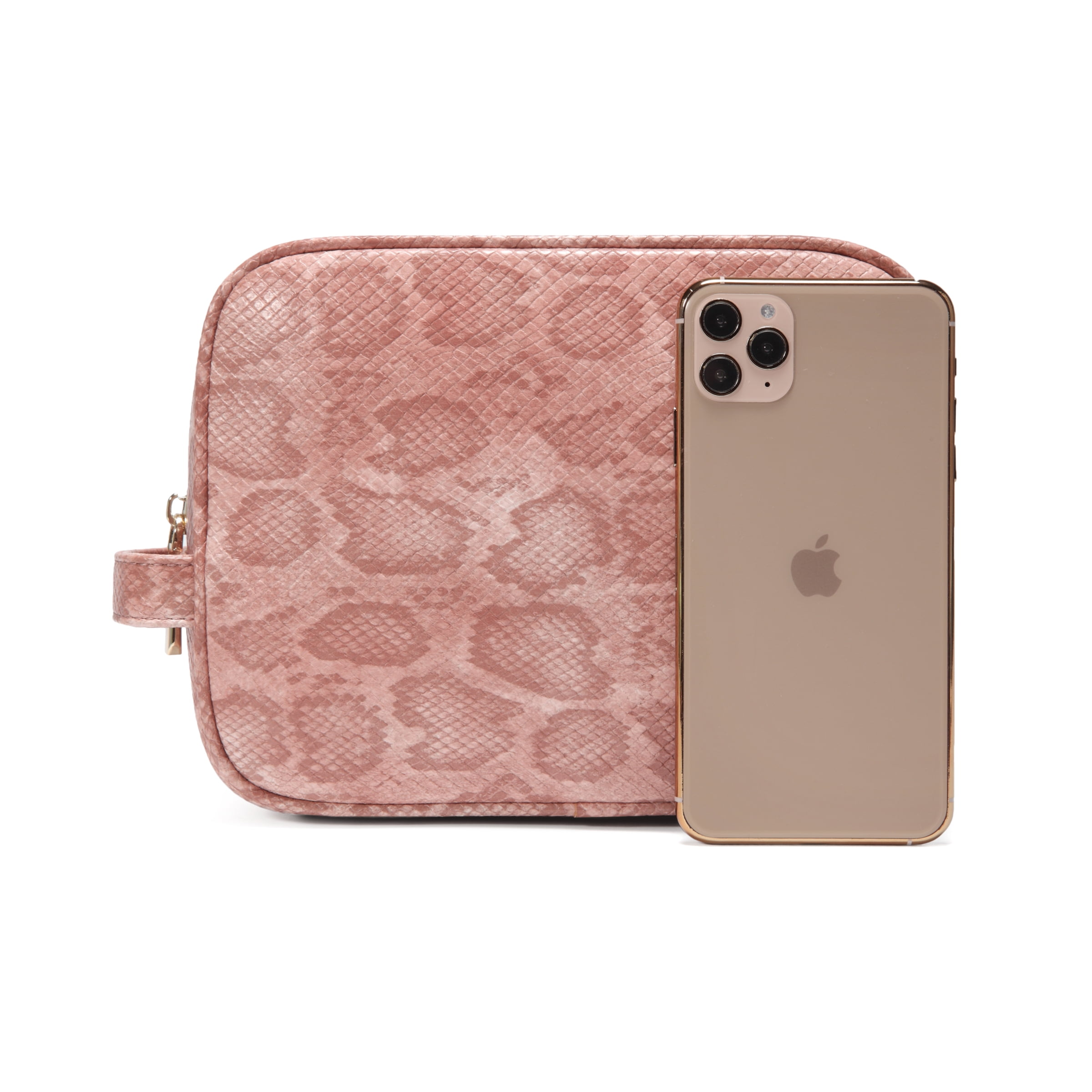 Daisy Rose Cosmetic Toiletry Bag PU Vegan Leather Travel Bag for Women - Pink Snake