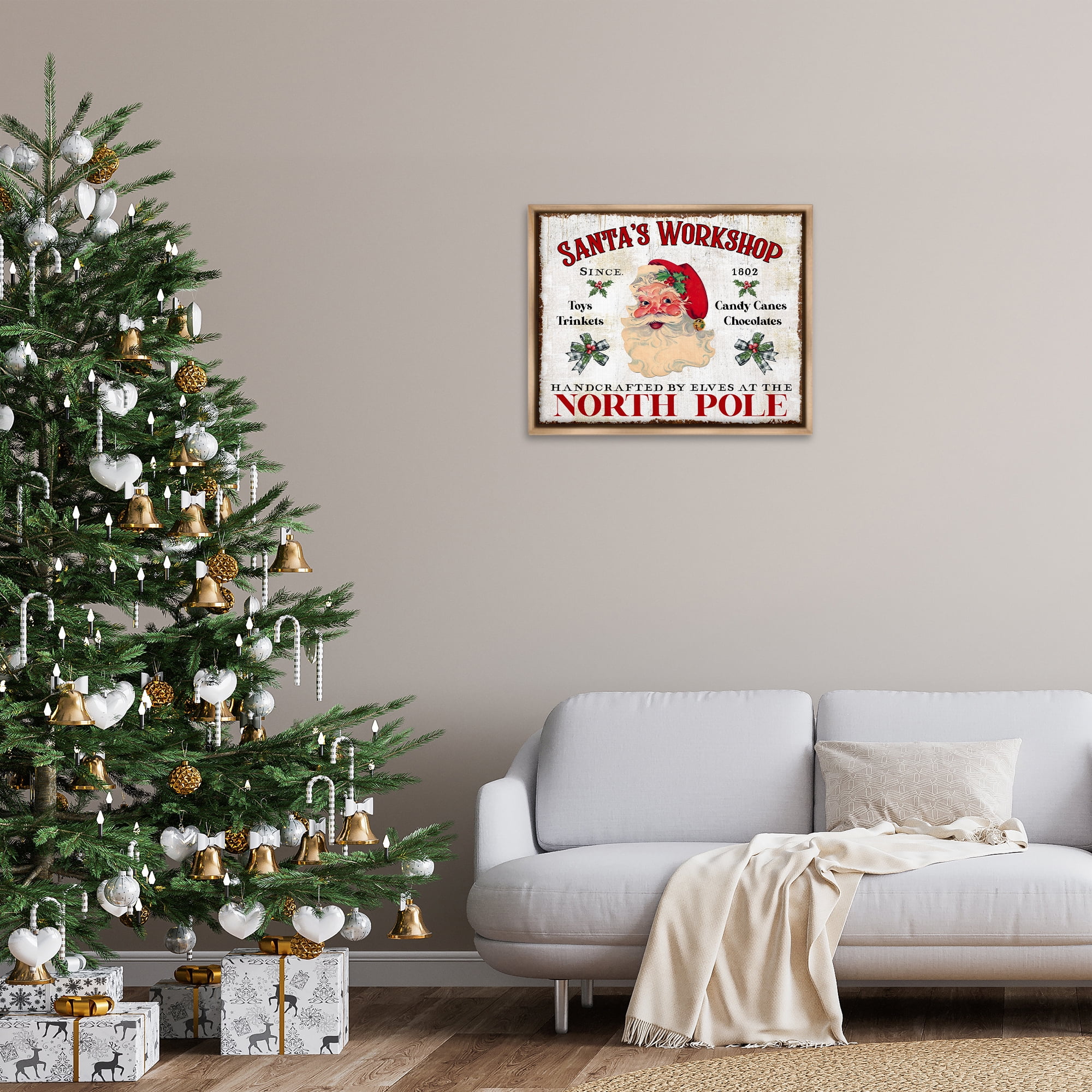 Stupell Industries North Pole Santa's Workshop Holiday Painting Brown Floater Framed Canvas Art Prints Wall Art, 31 x 25