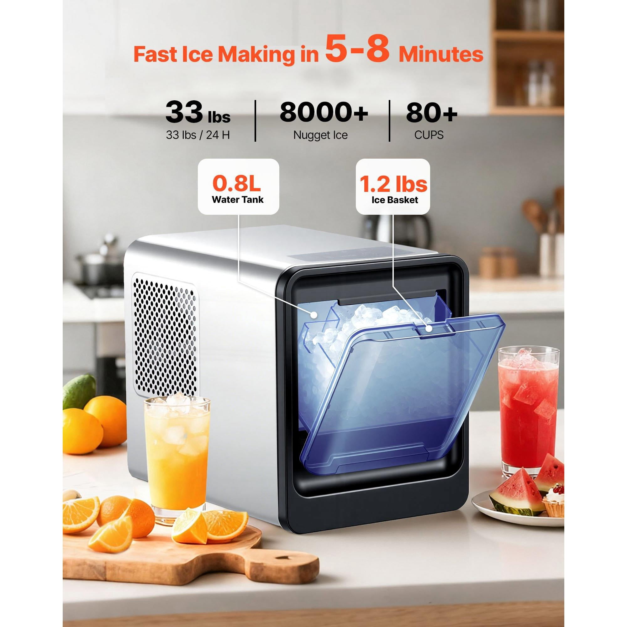 Countertop Nugget Ice Maker, 33 lbs/24H Portable Ice Machine with Self-Cleaning, Drawer-Style Ice Access, 1.2 lbs Storage, Stainless Steel Quiet Ice Maker ≤55dB for Home Kitchen Office Bar Party