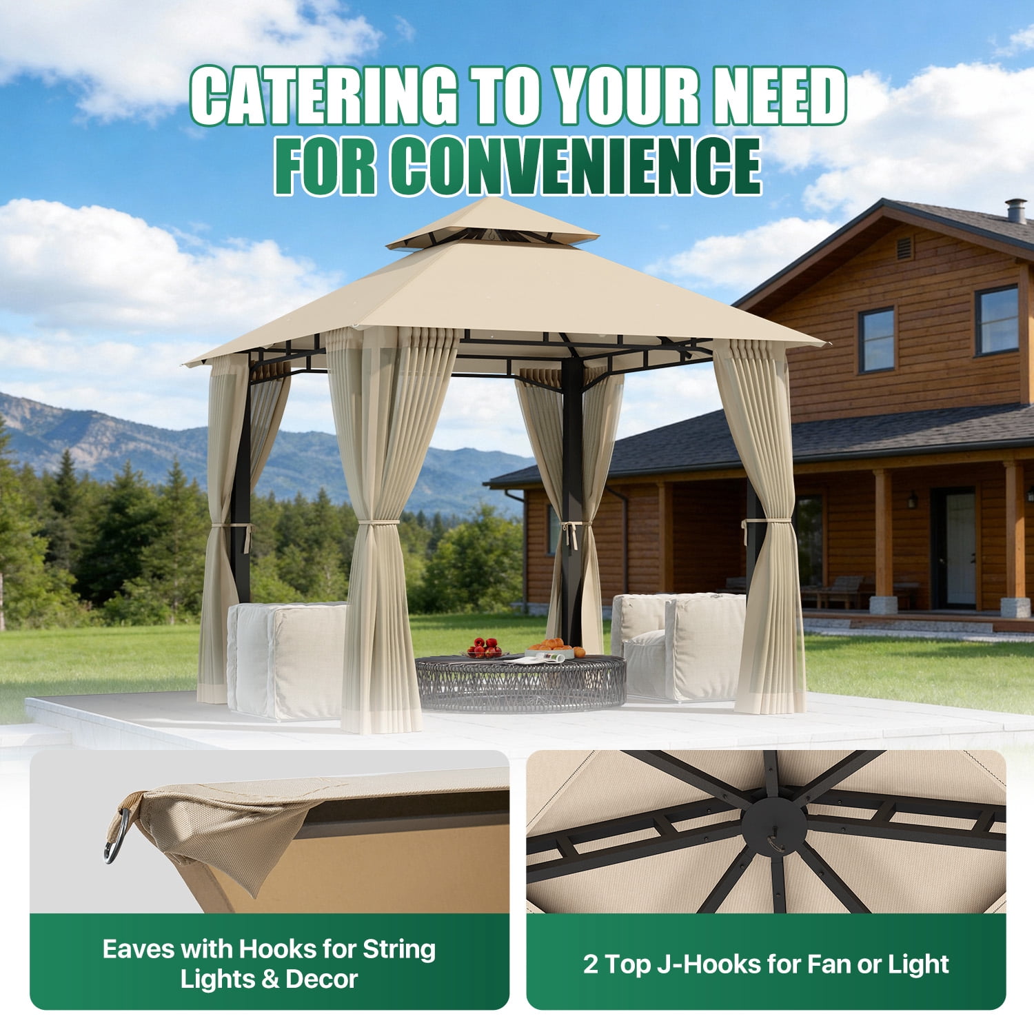 LazySunsets 8'x 8' Patio Gazebo Double Roof Protection All-Weather Outdoor Shelter Features Insect Screens for Backyard, Lawn, (Beige)
