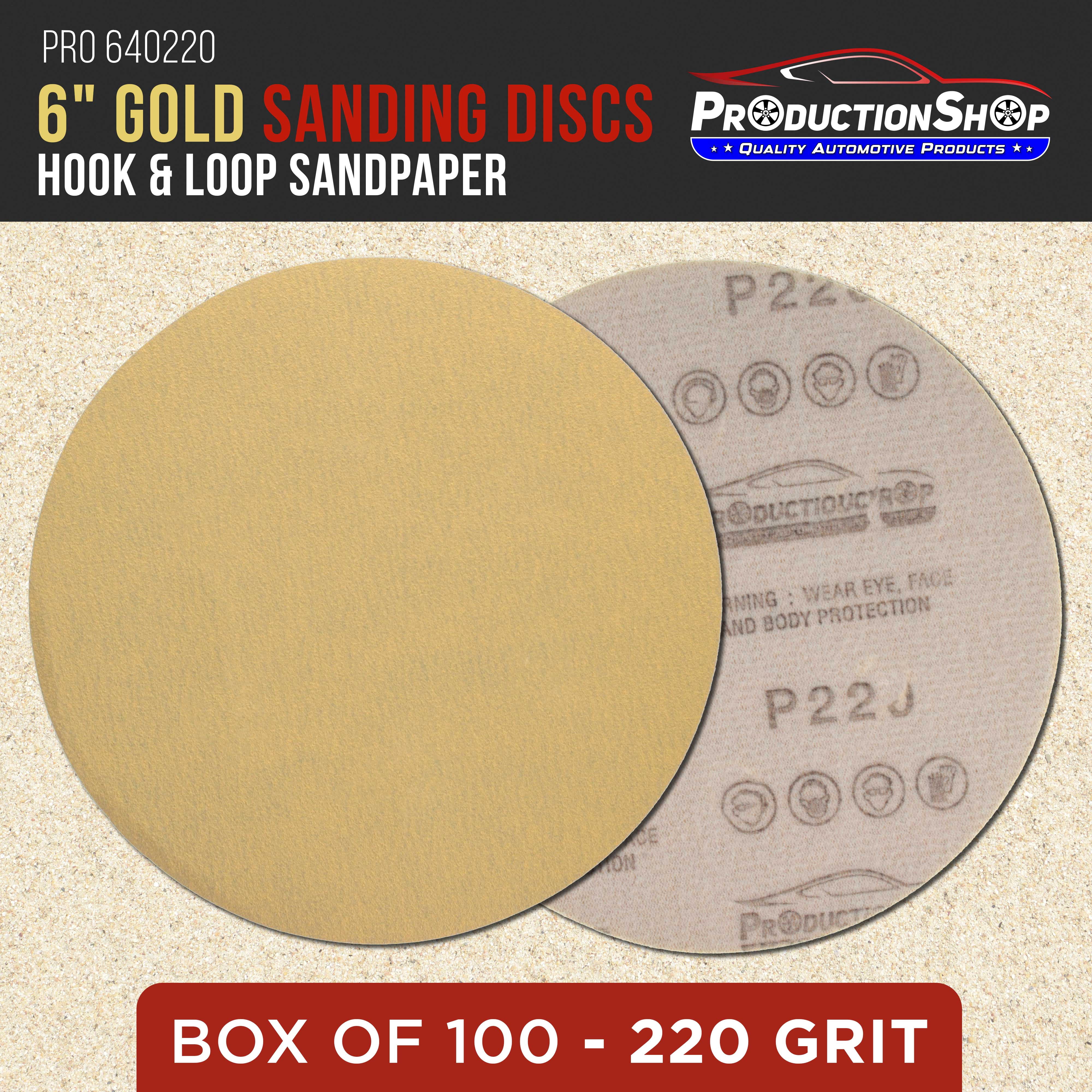 ProductionShop Premium 220 Grit 6" Gold Sanding Discs, Box of 100 - Hook & Loop Backing Abrasive Sandpaper for DA & Random Orbital Sanders - Sand Auto Paint, Metal, Wood, Woodworking Furniture