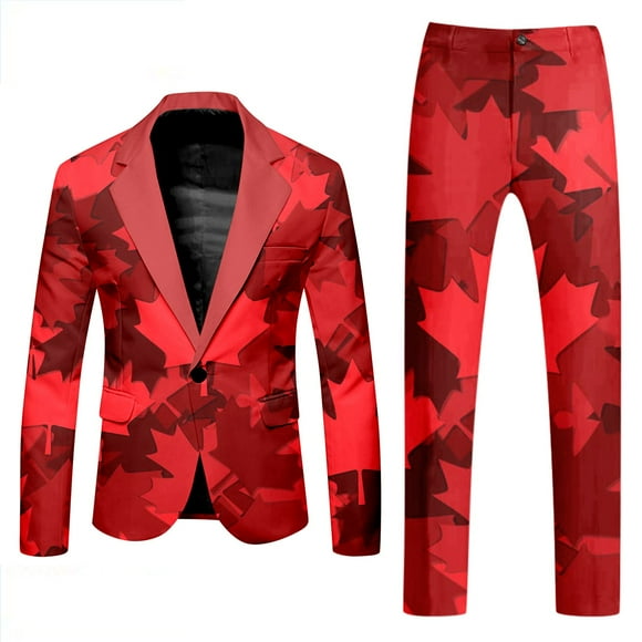 Male Canada Day Long Sleeve Coat And Pants Two Piece Suit Printed Button And Pockets Suit For Holiday Party Events Men'S Suits Red Xxl