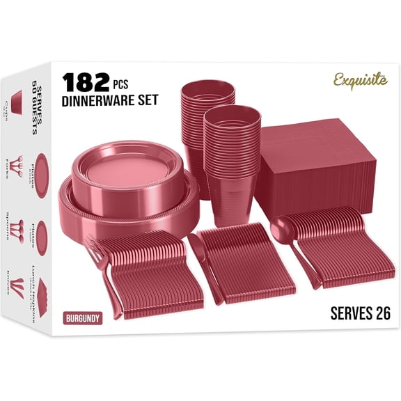 Exquisite 182-Piece Burgundy Party Dinnerware Set, 9" & 7" Plastic Plates, Cups, Napkins, Cutlery