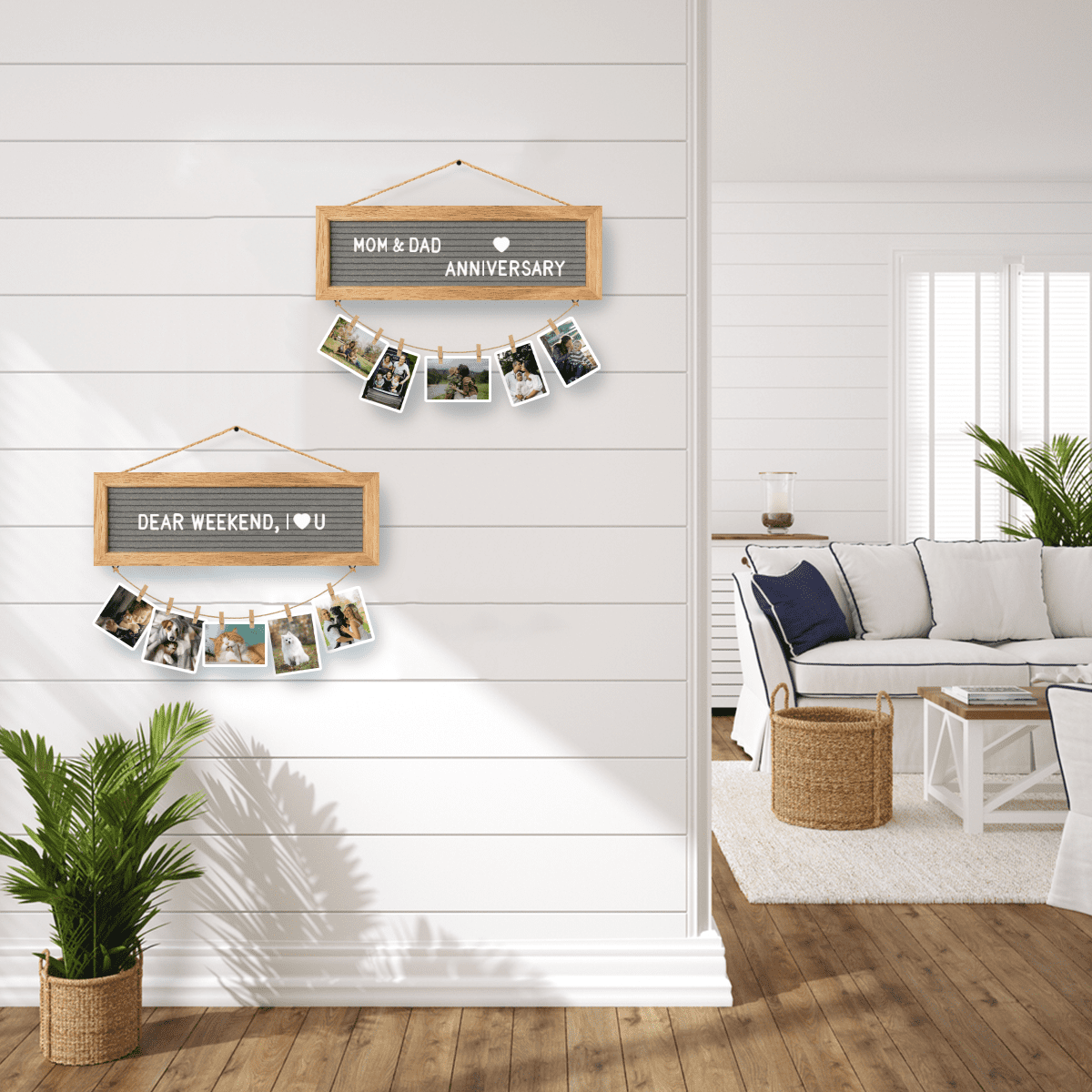 Picture Frames Hanging Display Wooden Board, Felt Letter Board with 340 Letters and 15 Clips, Photo Frames Collage Wall Decor for Family Birthday Christmas Party Gifts
