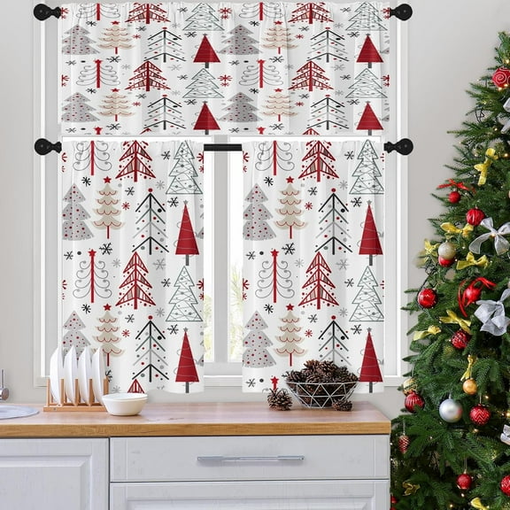 Christmas Trees Kitchen Curtains Merry Christmas Forest Winter Window Curtains Valance and Tier Set 36 Inch Rod Pocket Short Tier Curtain for Room Kitchen Decor