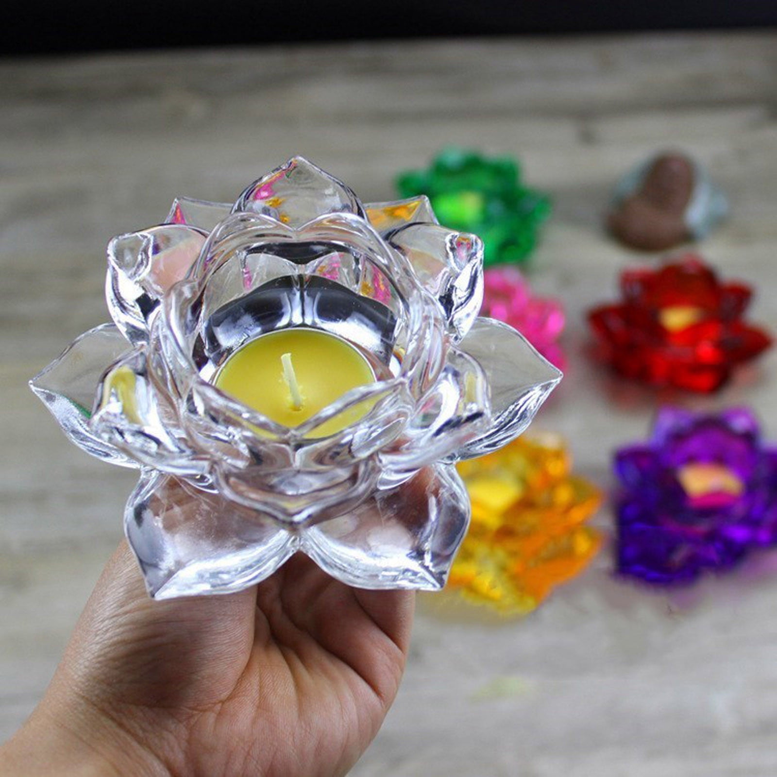 Crystal Glass Flower Candle Tea Light Holder Buddhist Candlestick Decor Re 