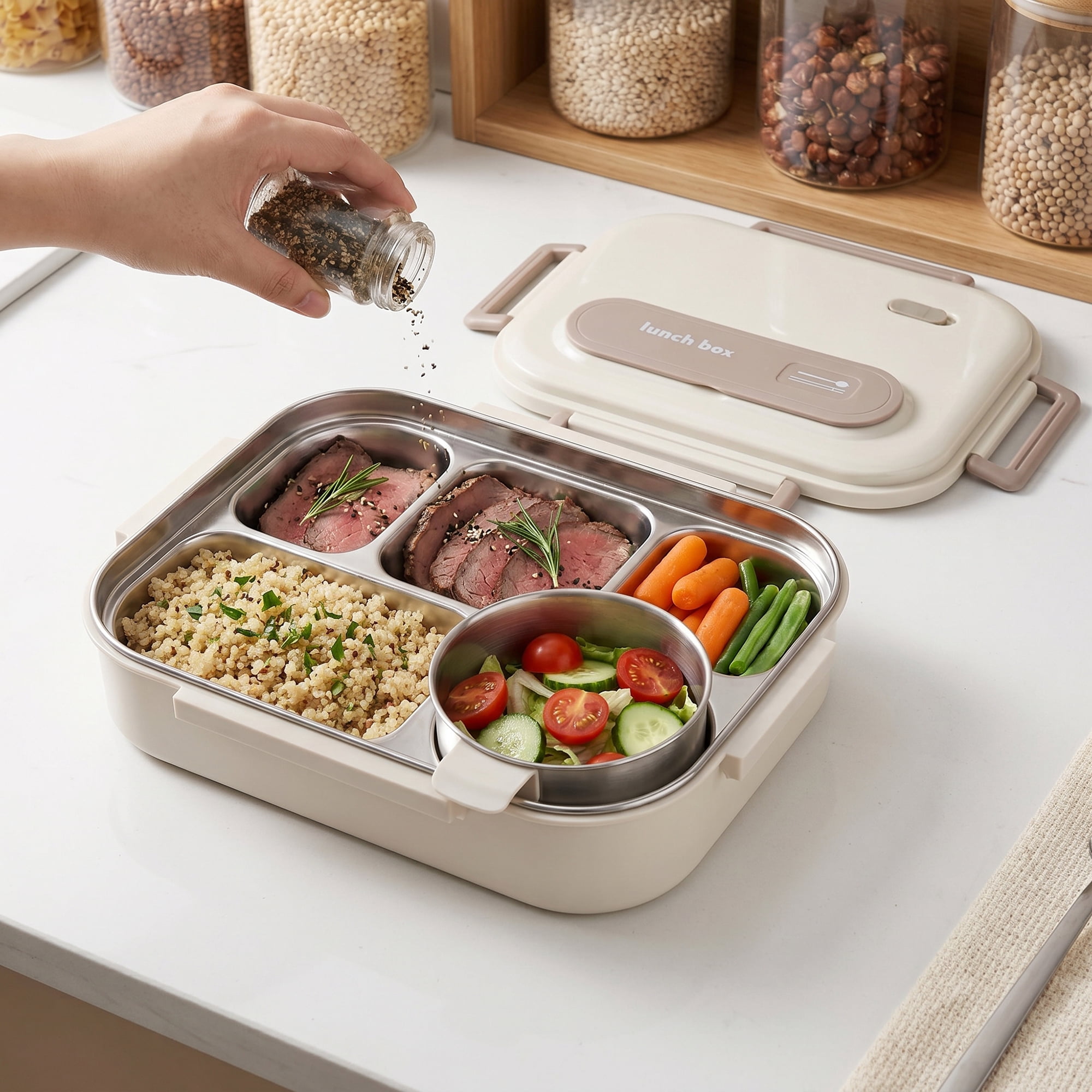 Unique Bargains Compartment Leak-Proof Meal Lunch Bento Box Beige