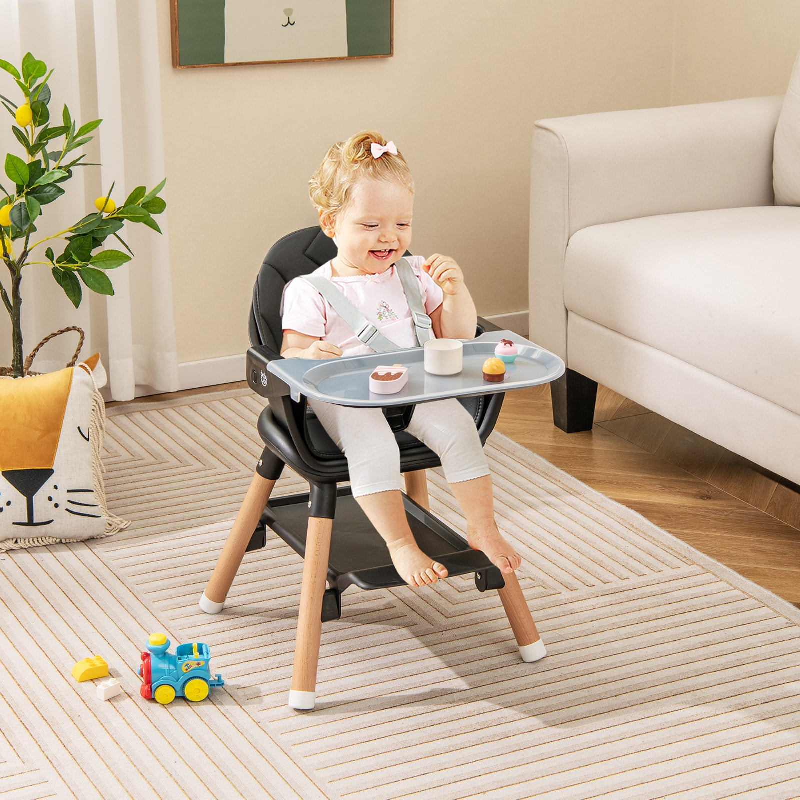 Costway 6-in-1 Convertible Wooden Baby Highchair Infant Feeding Chair with Removable Tray Black