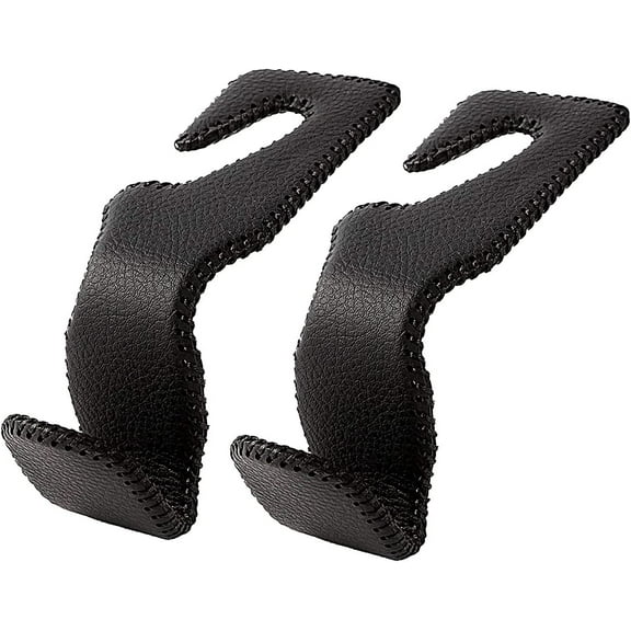 Black Leather Car Hooks For Seats, Back Seat Headrest Genuine Leather Hangers Durable Vehicle Organizer Accessory For Hanging Grocery Bags, 2 Pack (Black)