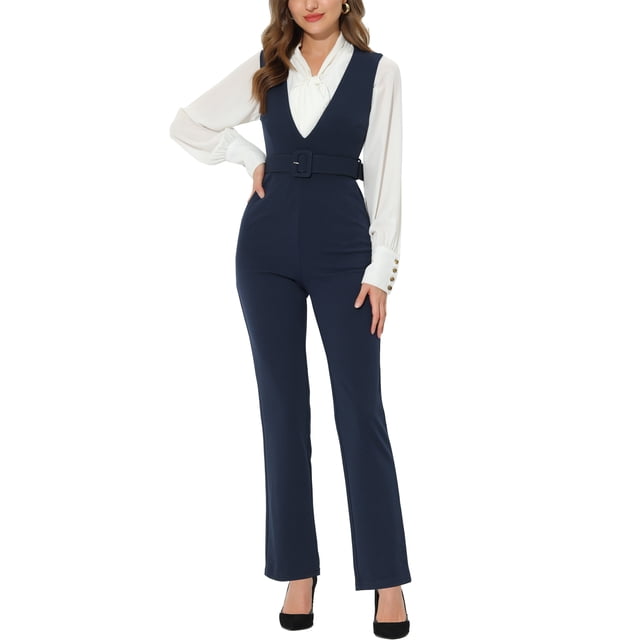 Unique Bargains Combinaison à Col en V avec Ceinture pour Femme, Bleu Foncé, TG