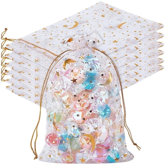 100 Pcs Moon Star Organza Bags,Topboutique Small Mesh Bags,Drawstring Gift Bags,Jewelry Mesh Gift Bags Pouches,Packaging Bags for Christmas Wedding Party Festival,White,4x6 inches (10x15cm)
