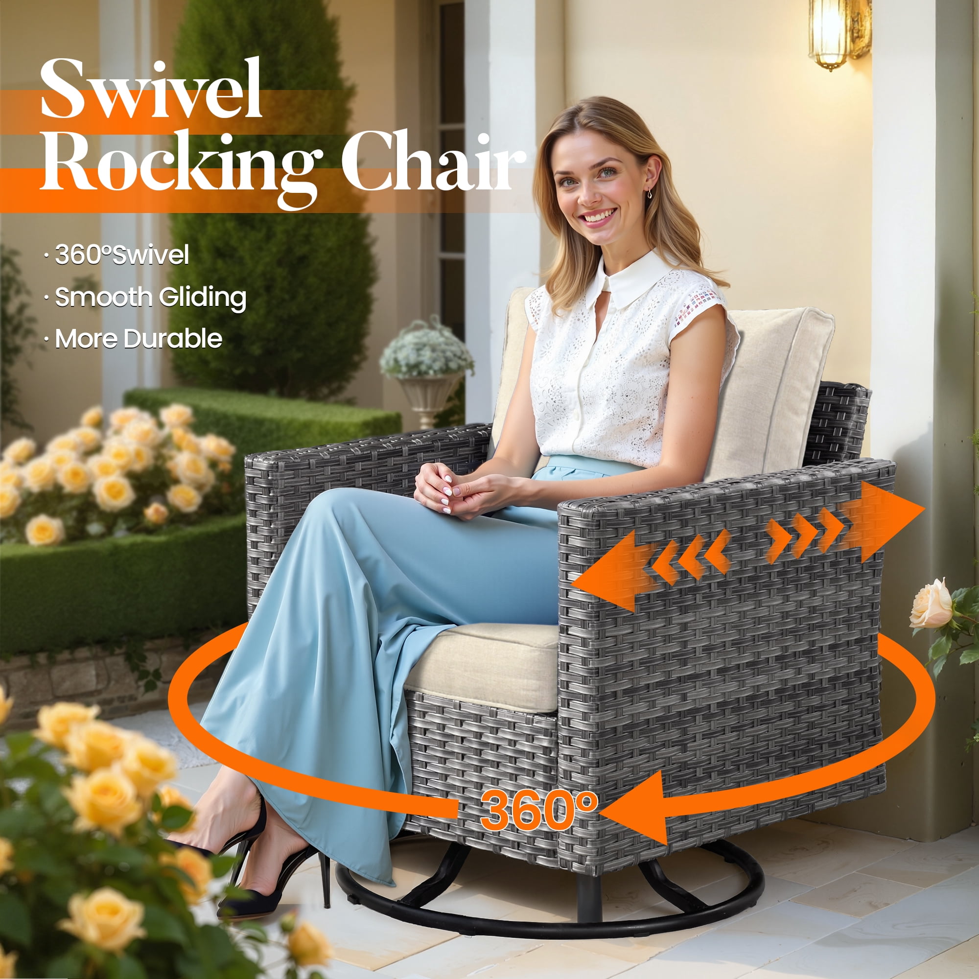 Vcatnet Patio Furniture Sets with Fire Pit 10 Pieces Sectional Sofa All Weather Wicker Outdoor Conversation Set with Swivel Glider Chair and Coffee Table, Beige
