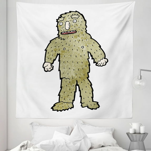 Bigfoot Tapestry, Quirky Bigfoot with Grungy Colored Fur Hand-Drawn Retro Cartoon Concept, Fabric Wall Hanging Decor for Bedroom Living Room Dorm, 5 Sizes, Khaki and Black, by Ambesonne