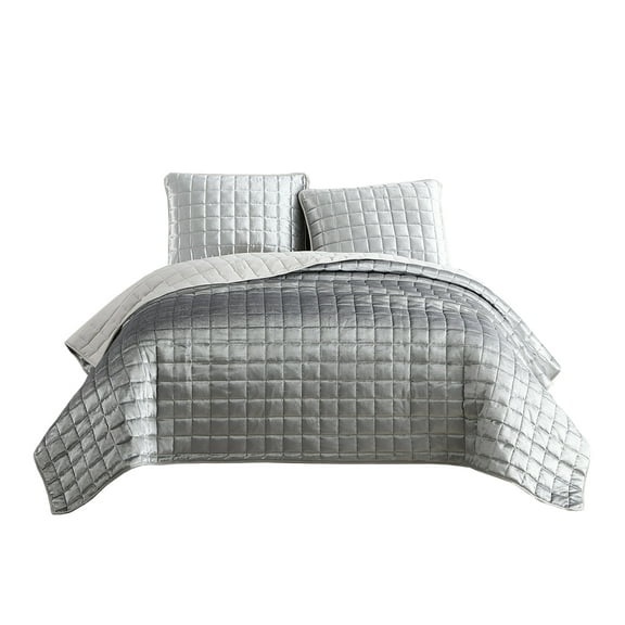 3 Piece King Size Coverlet Set with Stitched Square Pattern, Silver - Saltoro Sherpi
