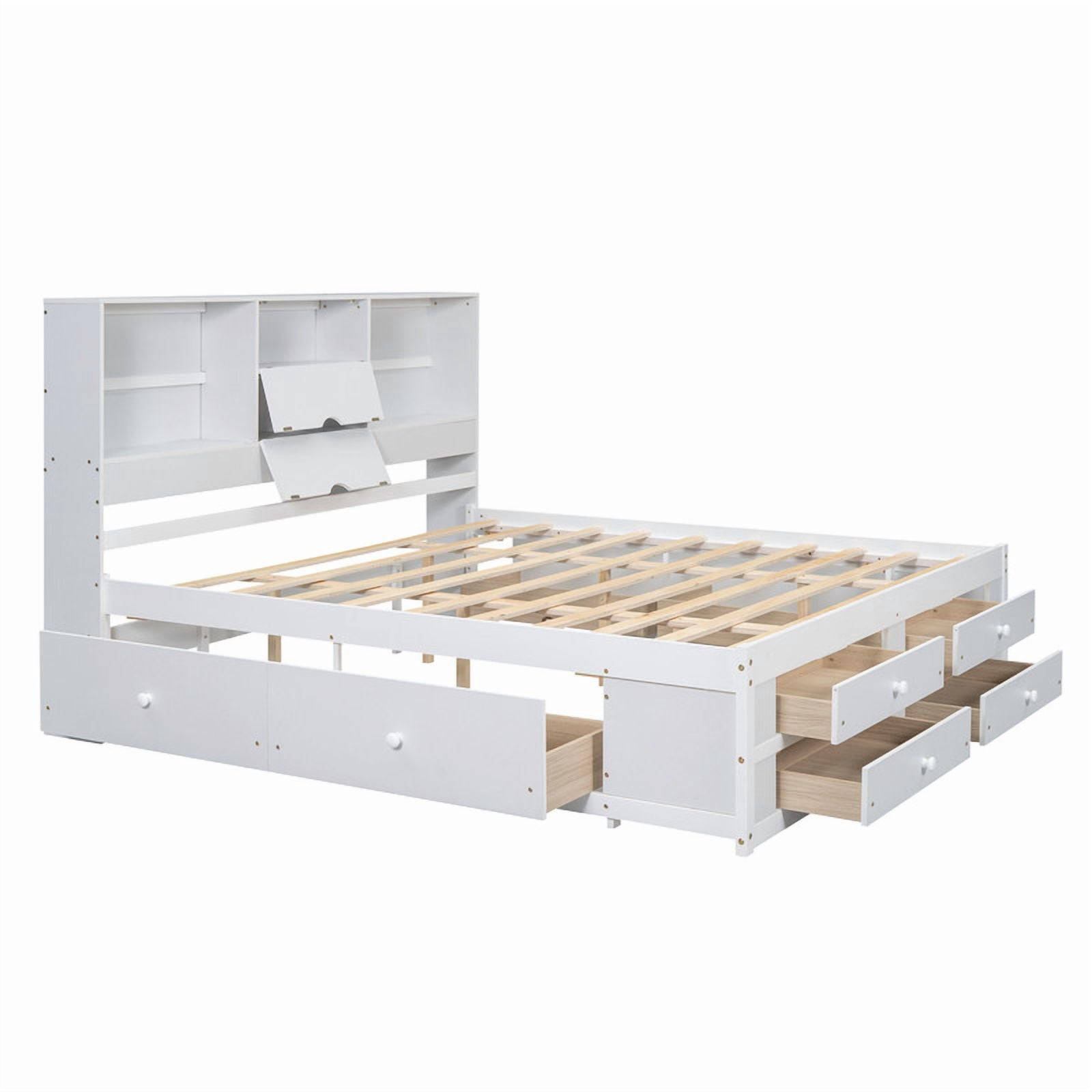 King Size Platform Bed with Bookcase Headboard, Storage Wooden Bed Frame with 8 Drawers