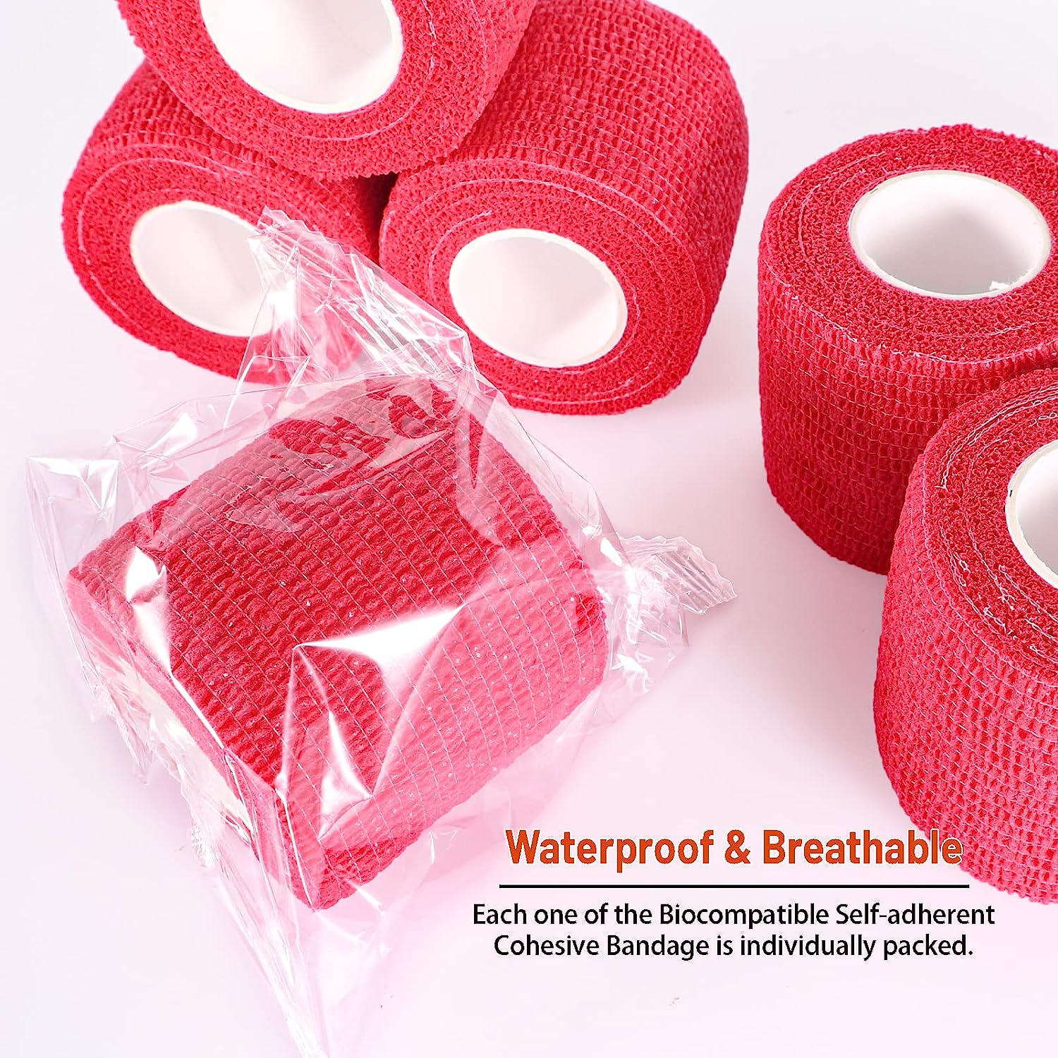 24 Pack Self Adhesive Bandage Wrap, 2” x 5 Yards Cohesive Medical Tape Elastic Grip Tape Red Sports Tape Athletic for Ankle, Wrist Sprains, Pet First Aid (Red, 2 Inch)