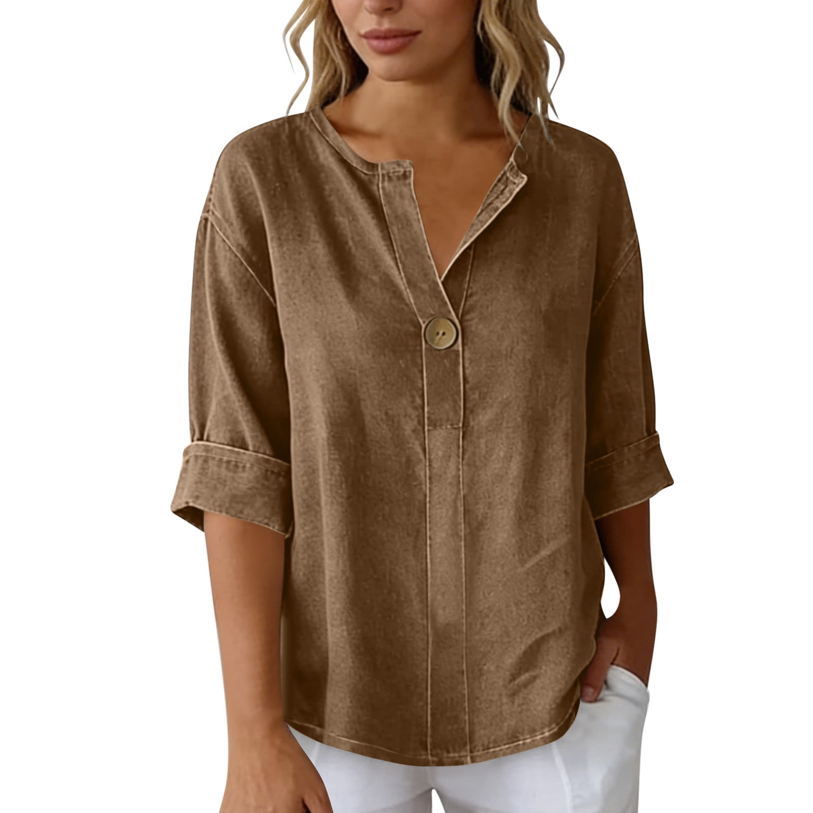 YHAJDS Women's T-Shirts Solid Color V Neck 3/4 Sleeve Relaxed Fit Casual Everyday Top