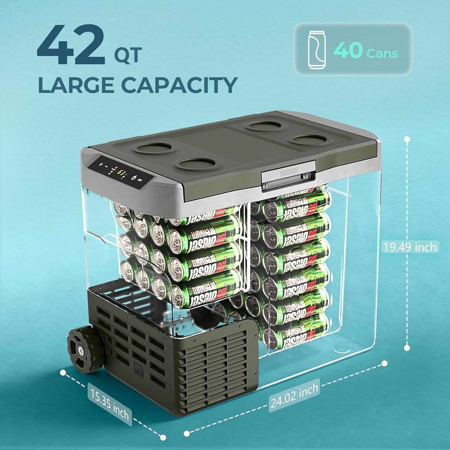 WAA 42 Quart 12V Portable Freezer Dual-Voltage,-4°F to 68°F for Car Camping Home (Green)
