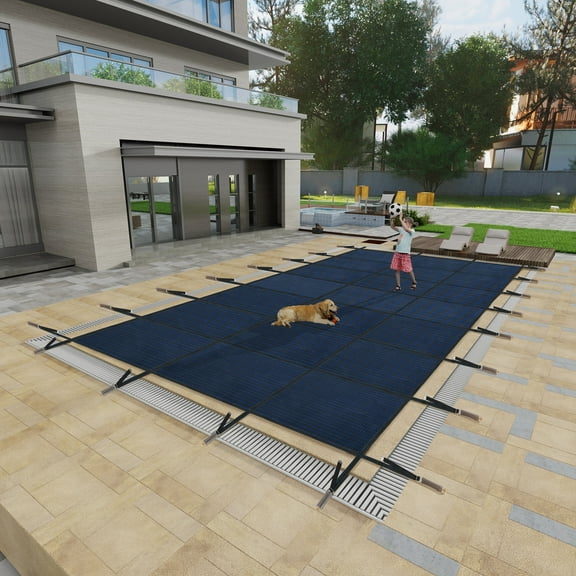 Swimming Pool Safety Cover for 14x30 Ft Rectangular Inground Pools, 16x32 Ft Mesh Cover with Triple Stitched Reinforcement, Includes Installation Hardware, Blue