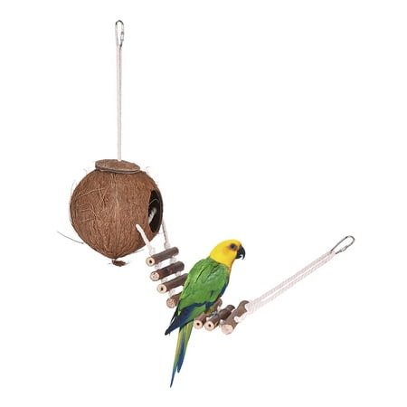 Folding Bird Perch Bird House Nest Coconut Hideaway Perch with Ladder Bird Cage Accessories Swing Toy for Budgerigar Macaw Parakeet Cockatoo ()