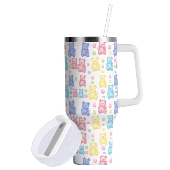 Yayeee 40oz Stainless Steel Tumbler with Straw and Handle Double-Wall Insulated Travel Water Bottle, Colorful Gummy Bears Pattern