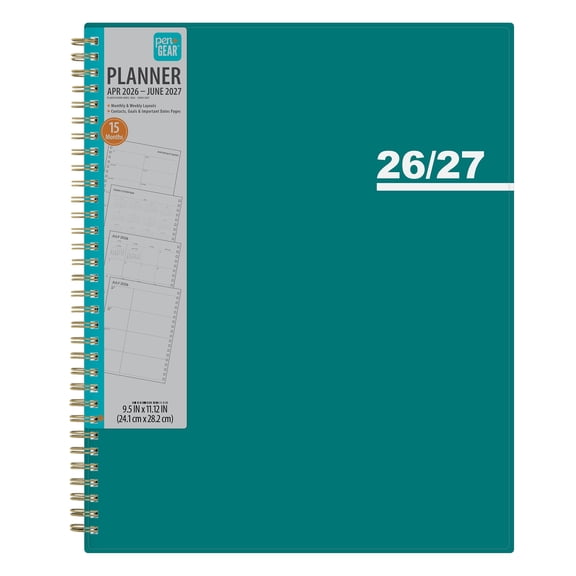 Pen+Gear Monthly Weekly Planner, 8.5" x 11", Teal 15-Month (April 2026 - June 2027)