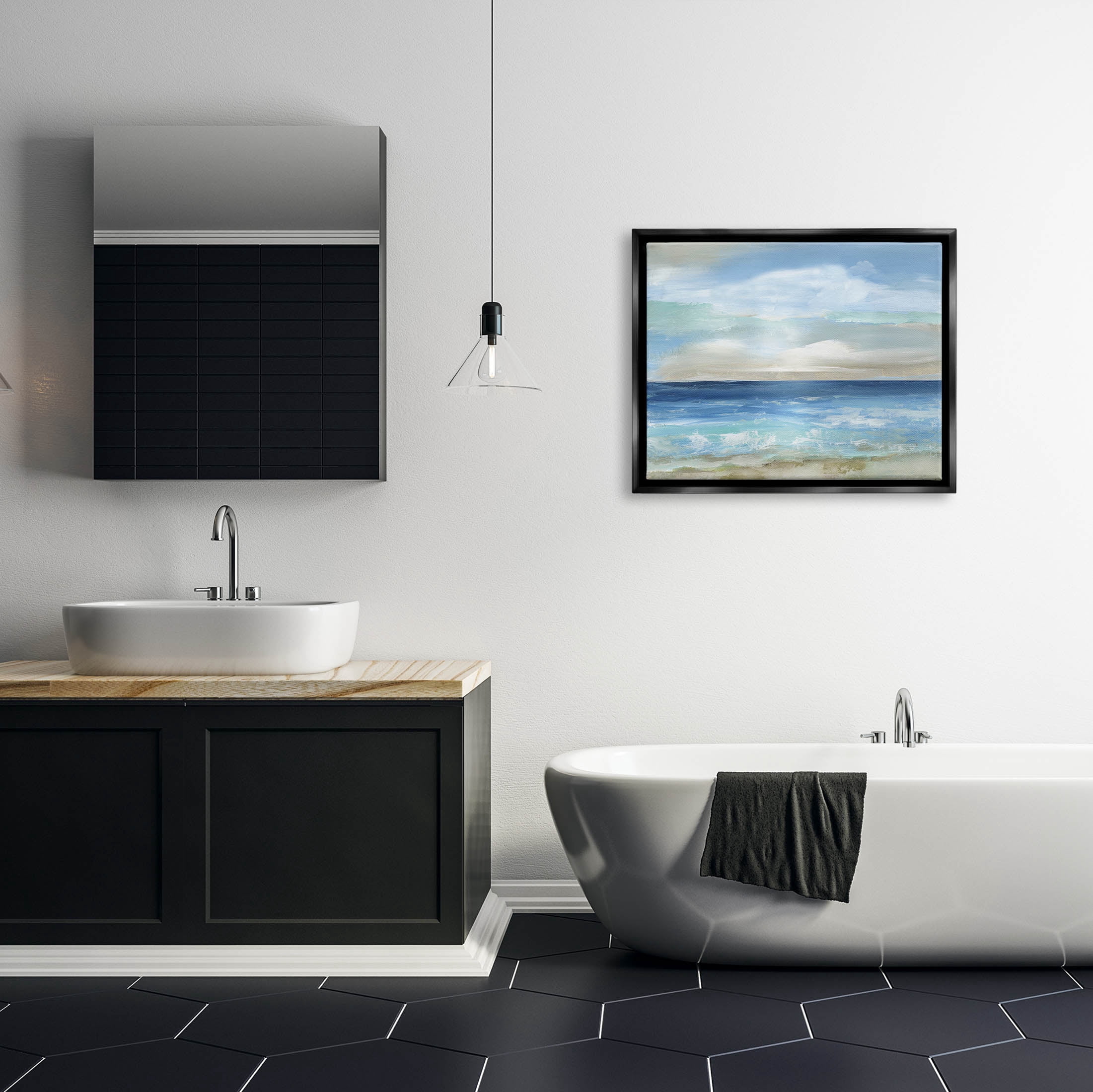 Stupell Industries Crashing Ocean Ripples Scenery Painting Jet Black Floating Framed Canvas Print Wall Art, Design by Nan