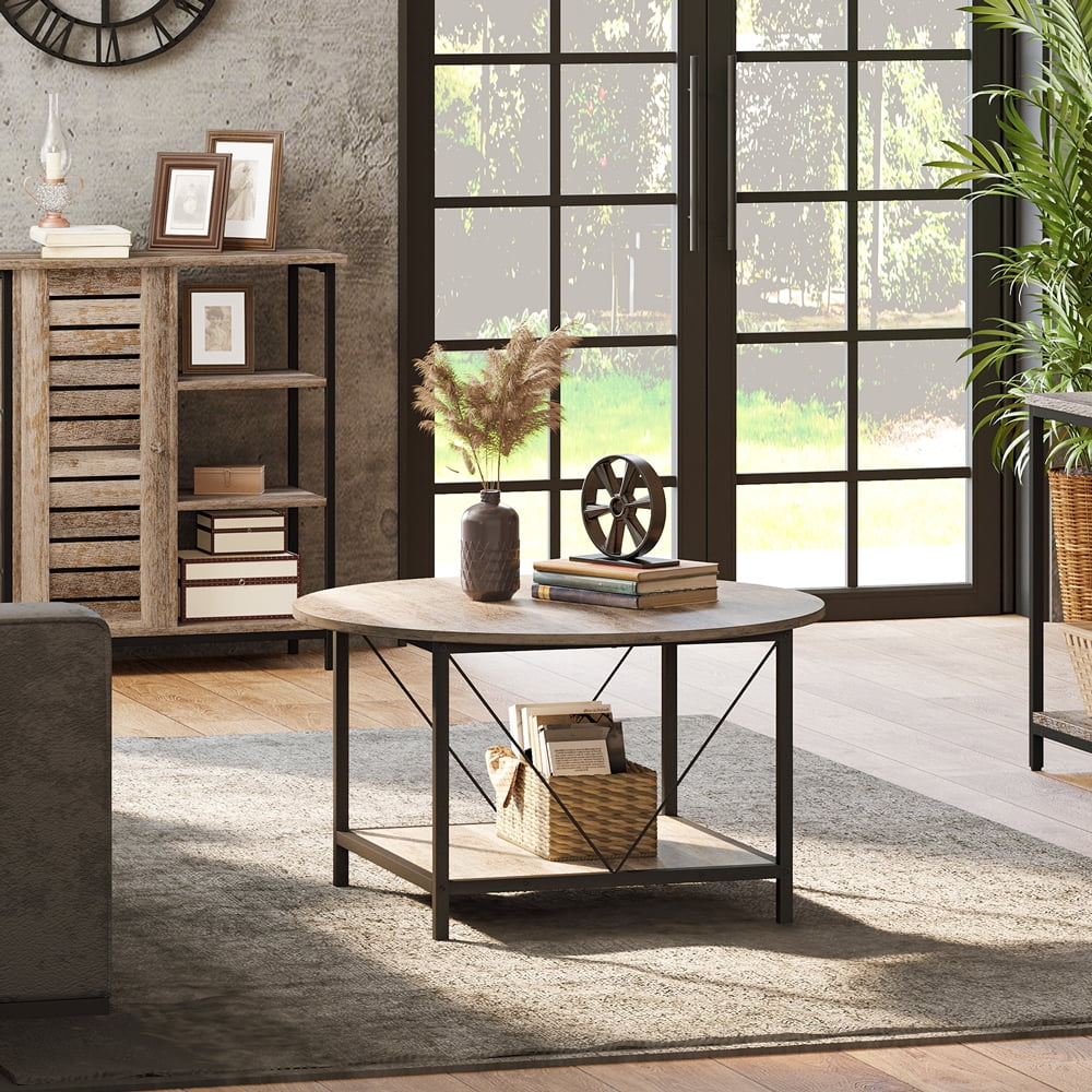 Dextrus Round Coffee Table with Storage, Rustic Living Room Tables with Sturdy Metal Legs, Gray Wash