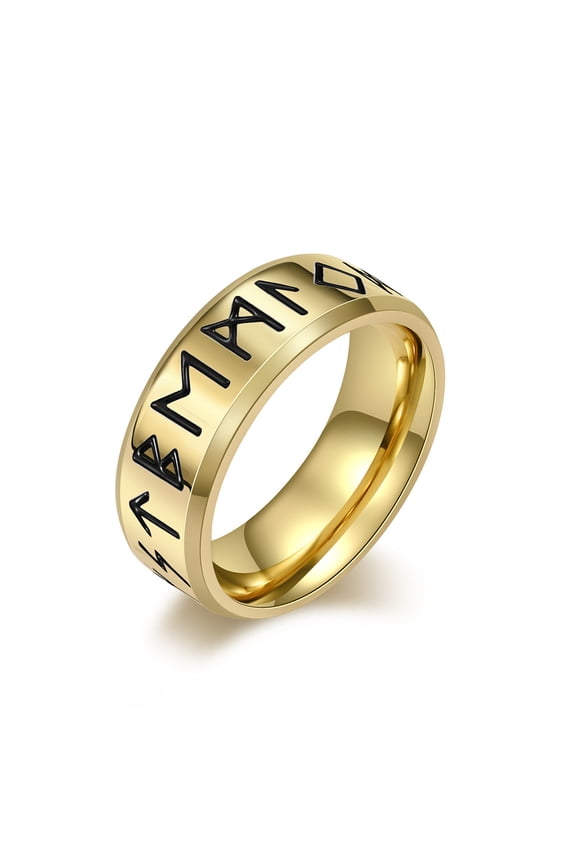 Simple Vintage Oxidized Black Viking Style Norse Runes Amulet Rings For Men Women 14K Yellow Gold Finger Jewelry Gifts