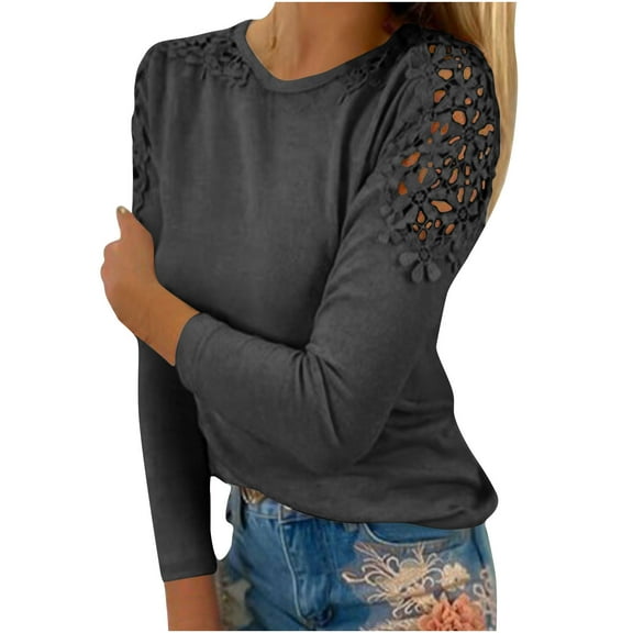 USSUMA Womens Dressy Tops Solid Color Women Blouse Round Neck Long Sleeve Lace Shirt Loose Fitting Plus Size Tunics Tshirts