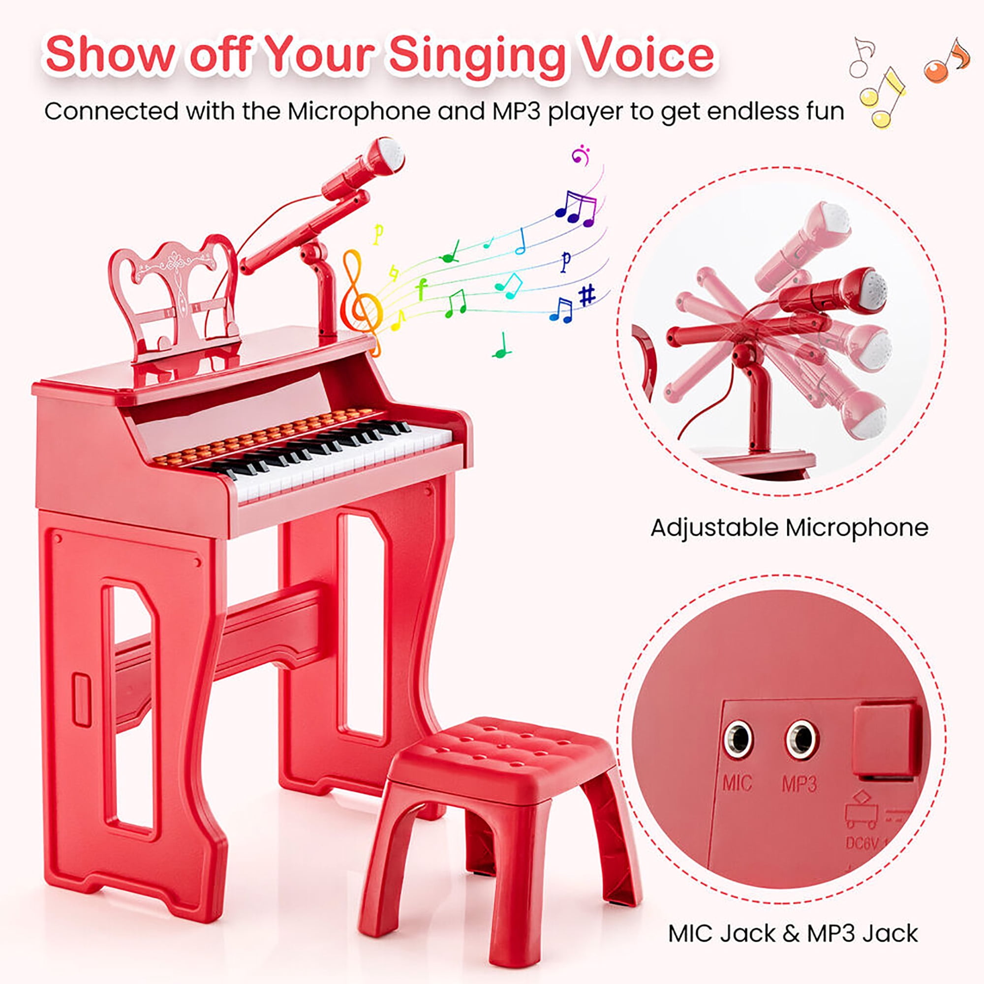 Gymax 37-Key Music Piano Keyboard Kids Learning Toy Instrument w/ Microphone Red