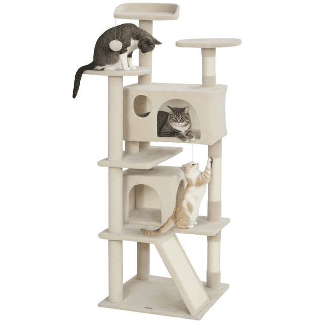 PawHut Arbre à Chat de 54 Pouces avec Poteaux à Griffer, Condos pour Chats, Beige