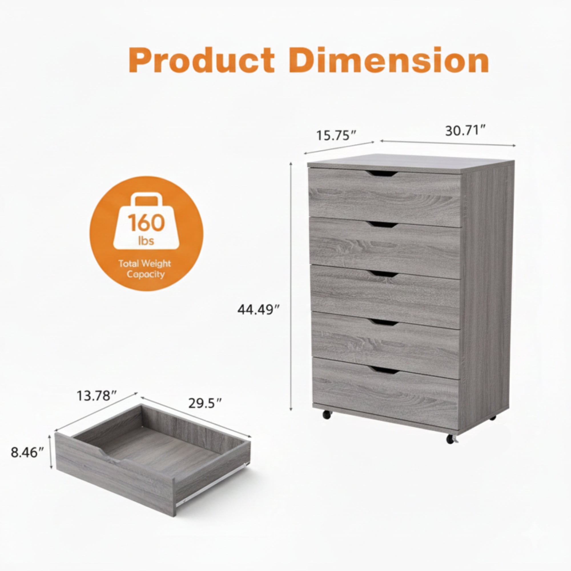 5 Drawer Dresser for Bedroom,Modern Wood Storage Cabinet with Wheels,Tall Chest of Drawers for Living Room,Hallway,Entryway,Gray