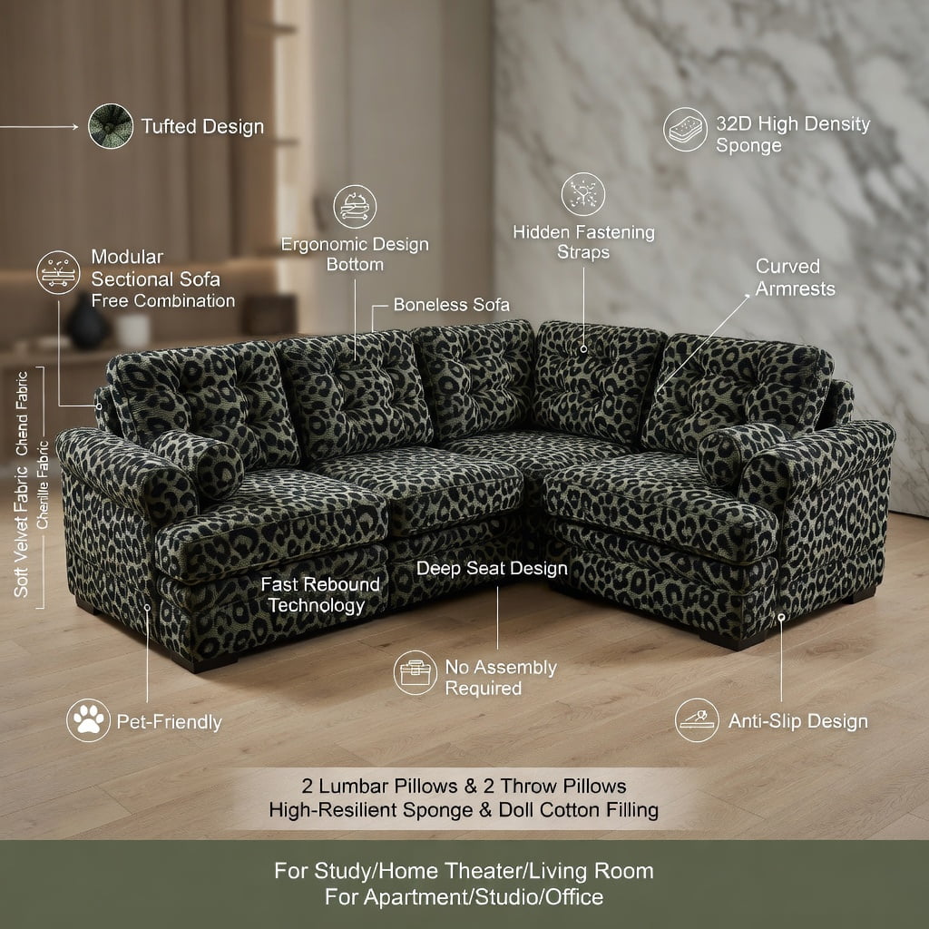 Hommoo 2-Seat Leopard Print Chenille Loveseat Sofa with Tassel Trim, Modern Modular Sectional Couch, Ergonomic Deep Seat Design, Easy Assembly, Living Room Sofa, Green Black