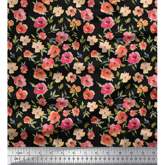 Soimoi Black Cotton Duck Fabric Leaves & Blooming Camellias Floral Decor Fabric Printed 1 Yard 44 Inch Wide
