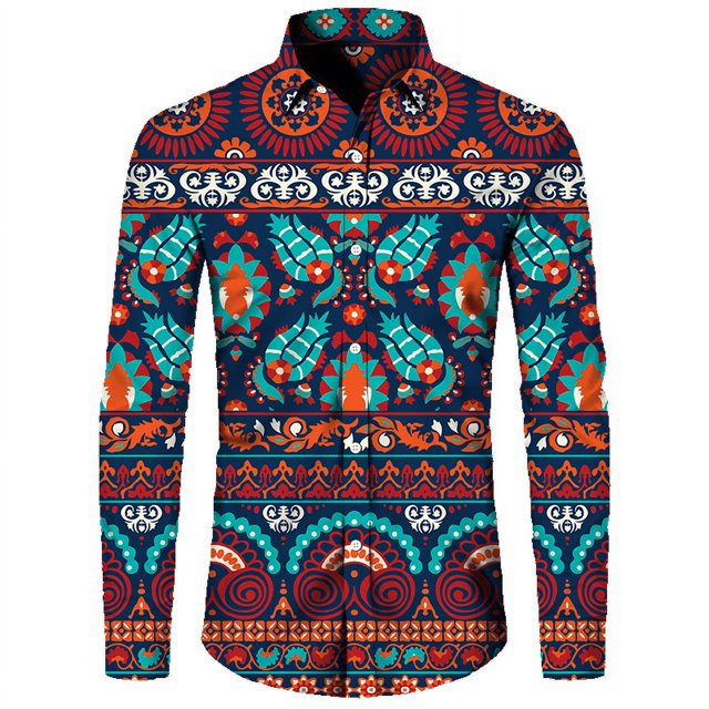 Camisas de manga larga de estilo étnico de otoño Camisa de hombre con patrón retro Tendencia Ropa de hombre al aire libre Nuevas camisetas de manga larga para hombre