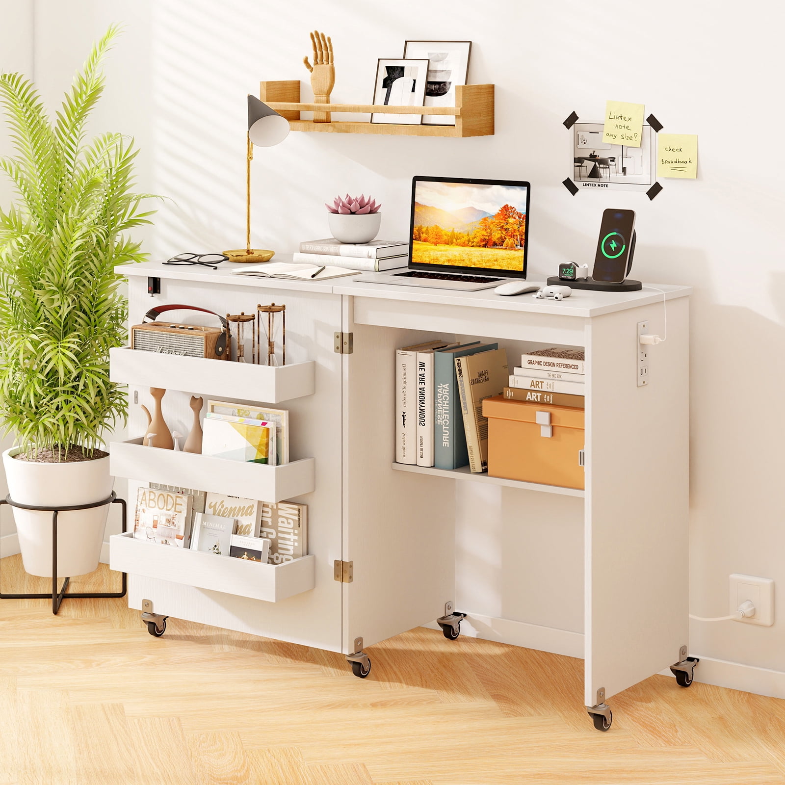 Topbuy Sewing Machine Table with Charging Station Folding Sewing Cabinet w/Lockable Casters White