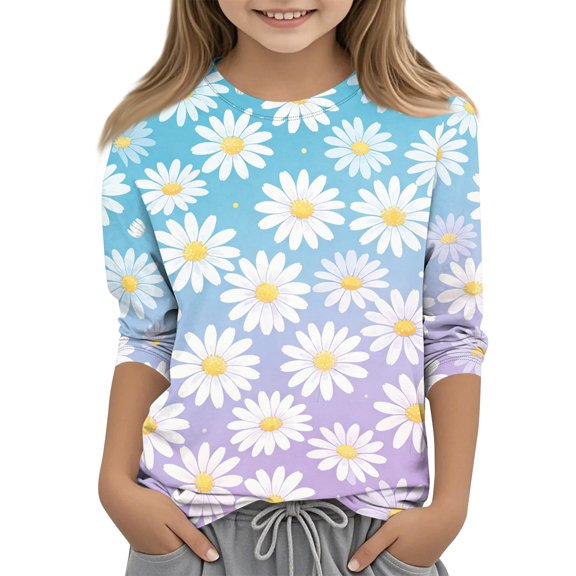Cute Shirts for Kids Girls 10-12 Summer 3/4 Sleeve Daisy Printed Tee Tops Trendy Soft Lightweight Girls Clothes Crew Neck T-Shirts Blue 7-8 Years