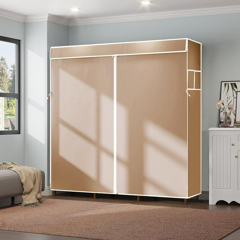 Portable Closet Portable Wardrobe Closet Storage with 3 Hanging Rods 6 Storage Shelves Side Pocket for Clothes Storage Organizer Brown