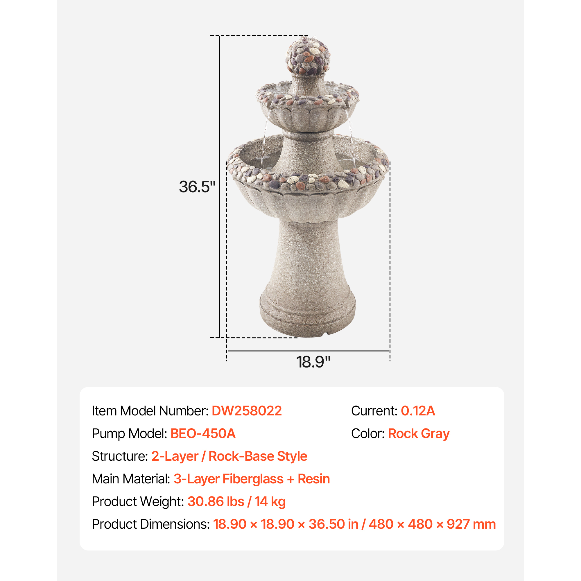 KFFKFF Outdoor Water Fountain, 36.5-Inch Tall 2-Tier Design with Rock-Style Base, Fiberglass and Resin Construction, Includes Pump, Ideal for Garden, Patio, Backyard, or Indoor Spaces