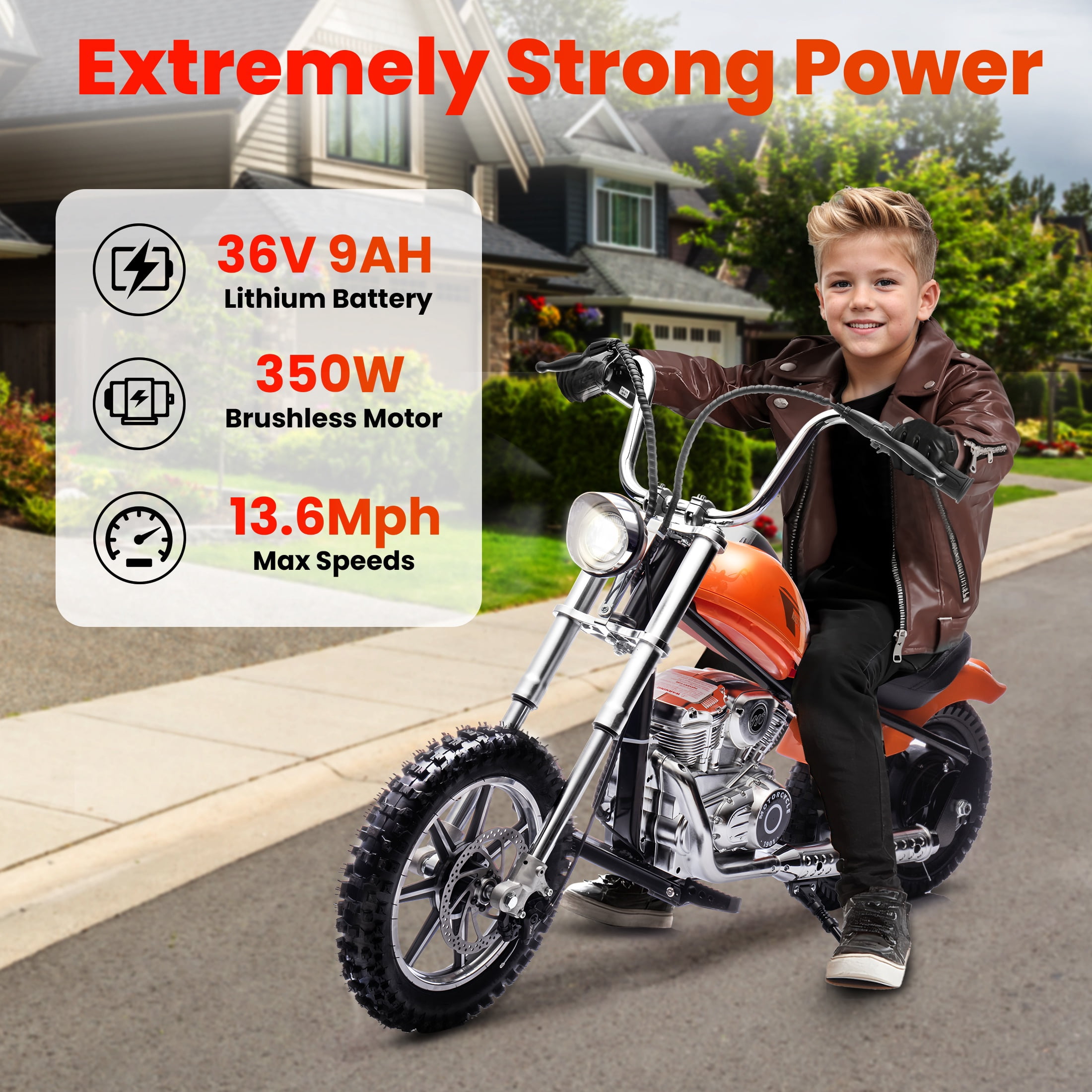 36V Power Ride on Motorcycle for Teen, Kids Electric Motorcycle with Front Wheel suspension, LED Light, Top Speed 13.6 Mph, Electric Dirt Bike for Boys Girls, Oranger