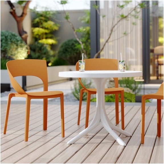 Tropical Orange & White Polypropylene Dining Set, 36 Inch Round Table with 4 Chairs for Patio Garden