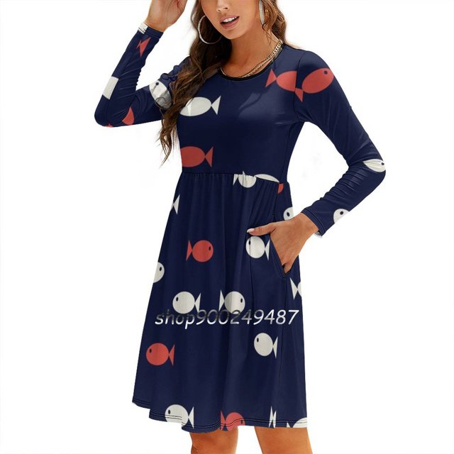 Fish With A Twist Sweetheart Knot Flared Dress Fashion Design Large Size Loose Dress Fish Pattern l Sea Beach