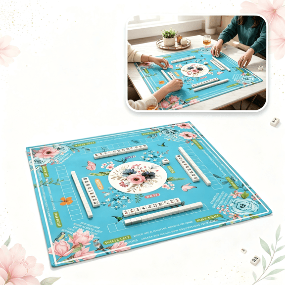 Non-Slip Mahjong Table Mat 31.5 Inch, Noise Reduction Flannel Game Surface with Rule Sheet & Drawstring Bag, Suitable for Mahjong, Poker and Board Games