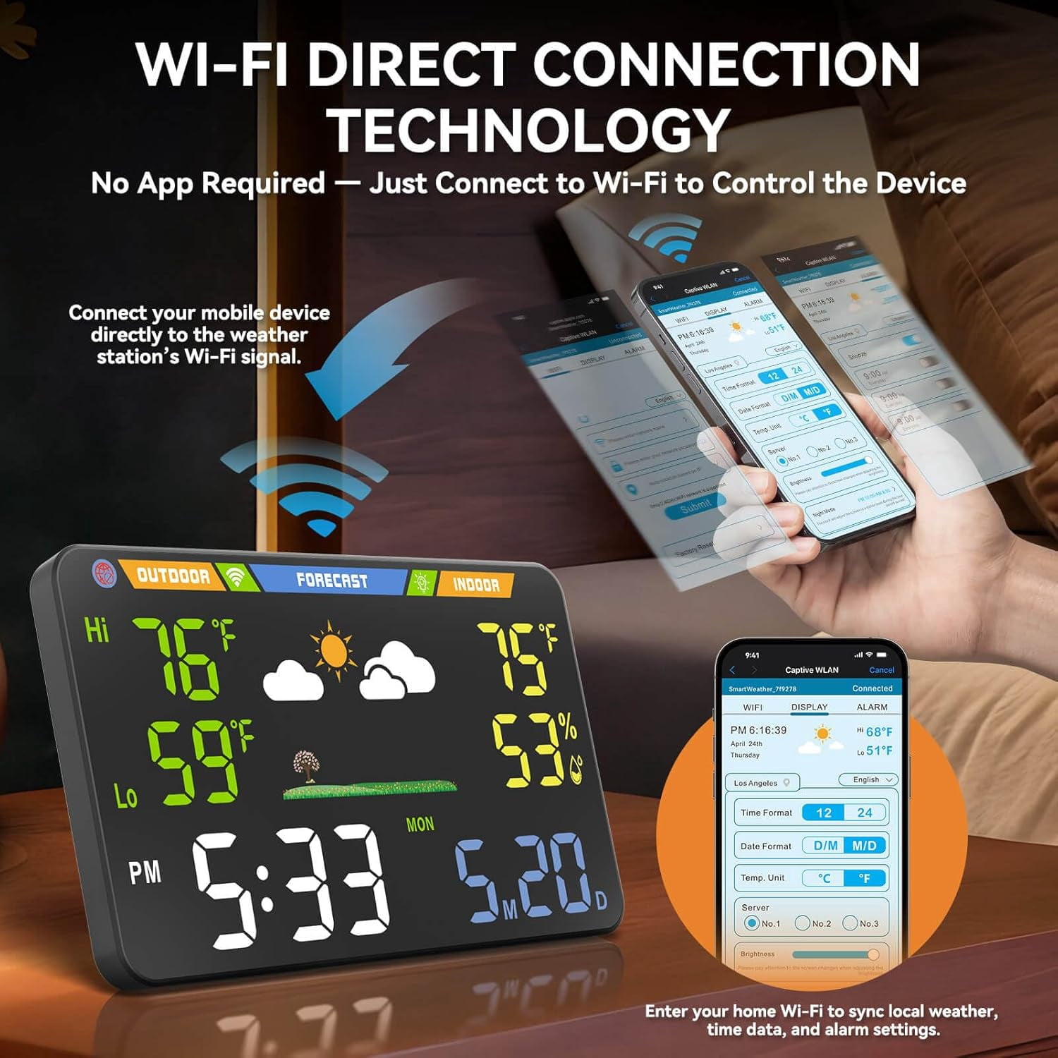 Wi-Fi Weather Station with Indoor Outdoor Temperature Humidity Monitor Wireless Forecast Display Digital Alarm Clock